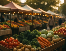 Ein belebter Marktstand mit frischem Gemüse wie Tomaten, Karotten und Brokkoli im Vordergrund, umgeben von anderen Ständen und Menschen im Hintergrund.