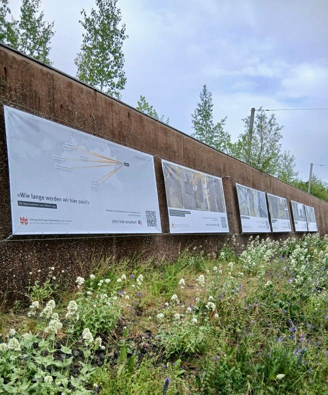 Große Plakat hängen an einer Mauer, darunter wachsen Pflanzen