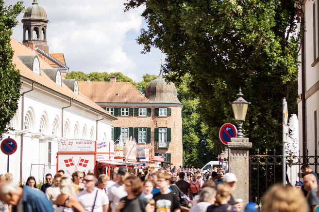 Menschenmenge auf einem Stadtfest in Eutin mit historischen Gebäuden im Hintergrund.